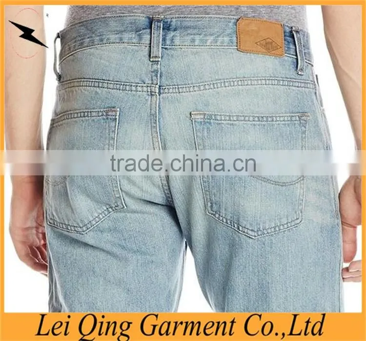 Fashion solid color washed blue jeans denim of young mens