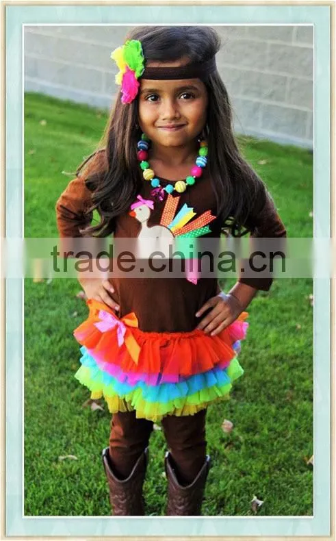 Rainbow Turkey Ruffle Outfit Set Appliqued Brown Long Shirt Girls Boutique Outfit with rainbow dress Kids Clothes Girls Clothing