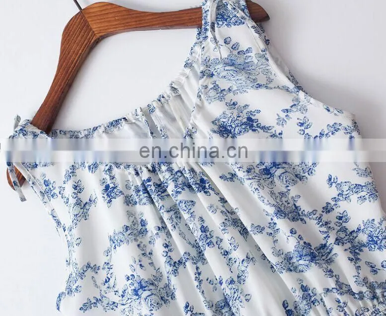 ruffle pleated blue printed flowery sleeveless long dress cotton skirt with drawstring neck