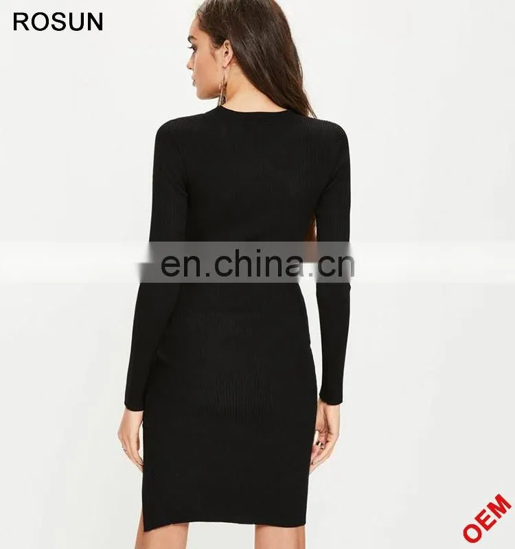ROSUN China Factory OEM Cut Out V Neck Ribbed Midi Sweater Dress