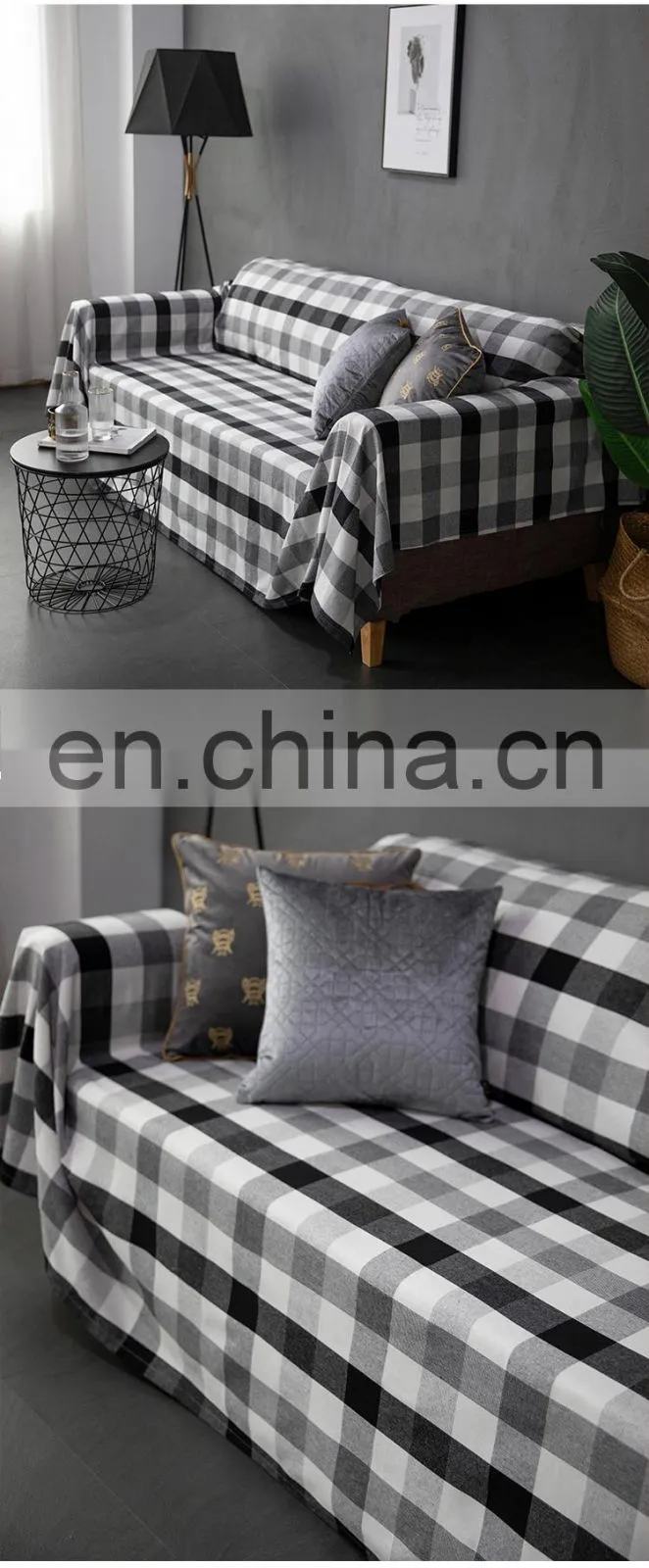 Custom black and white checker sofa protector cover 100% cotton soft plush couch cover