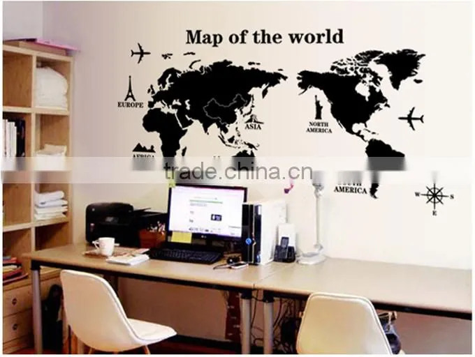 ALFOREVER Black pvc removable wallmap wall sticker,wallmap wall decals