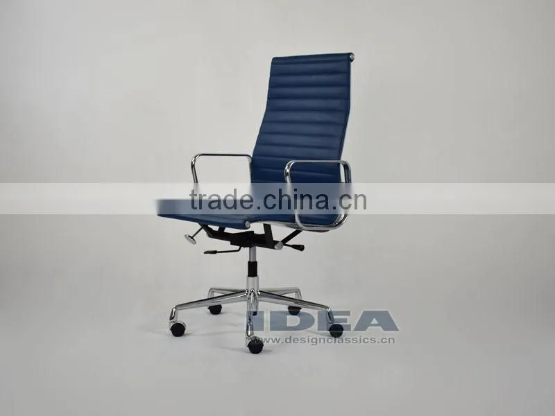 Replica Charles and Ray High Back Ribbed Aluminum Group Desk Chair - Blue Color Genuine Leather