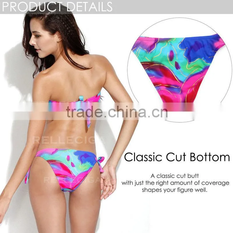 RELLECIGA 2016 New Sexy Abstract Foil Pattern V Wire Bandeau Bikini Swimsuit