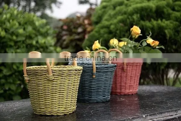 Multicolor rattan flower basket with wood and rattan handle