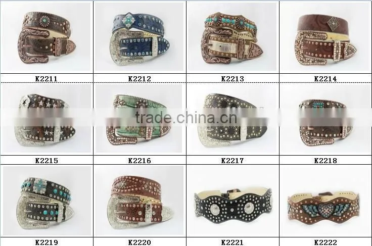 2015 New Design Western rhinestone leather belt with square conshos with crystals