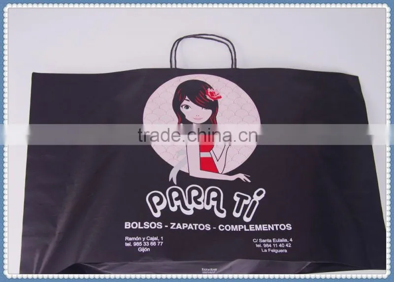 Colorful printed flexo printing white kraft paper bag with black twisted patch handle in competitive price