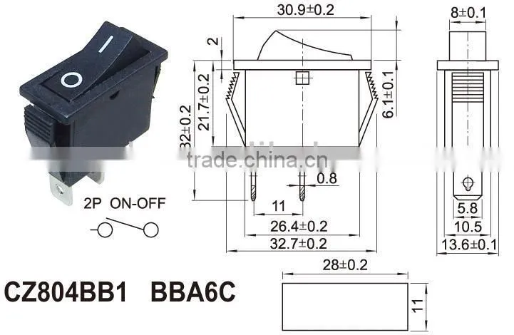 electrical t85 miniature rocker switch,6A 250V 10A 125V COPPER PINS rocker switch