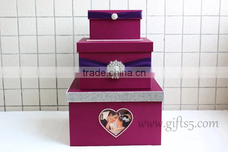 Elegant purple wedding card box in handmade with photo frame
