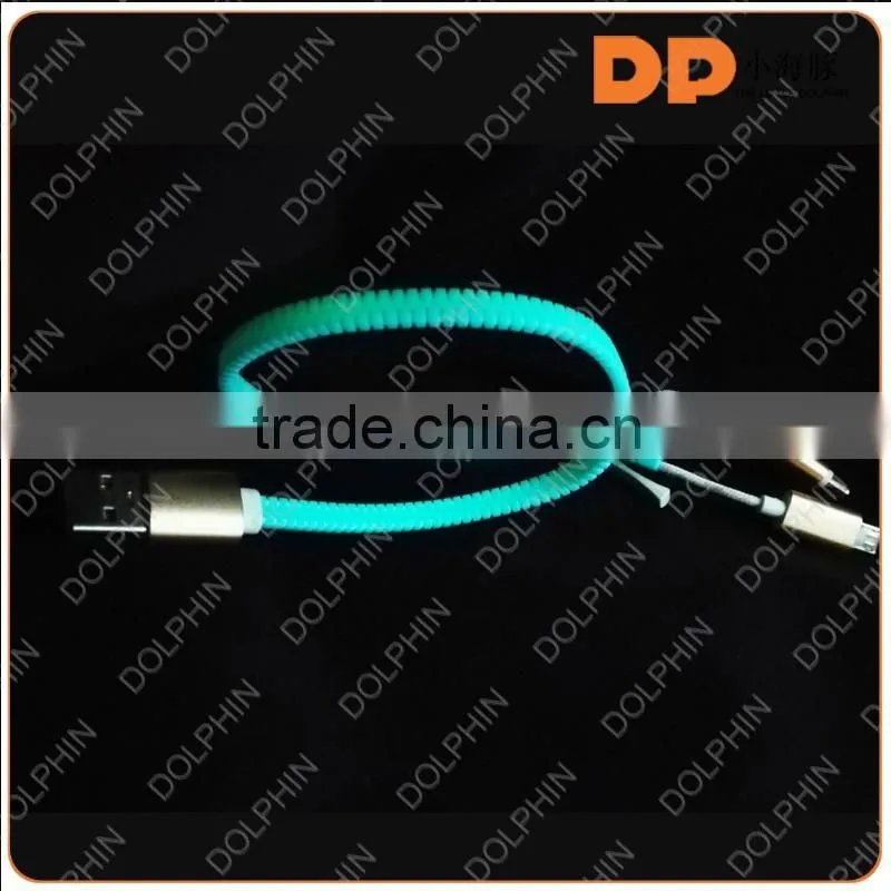 new 2016 gold plated USB 2.0 2 in 1 zipper glowing in the dark USB cable