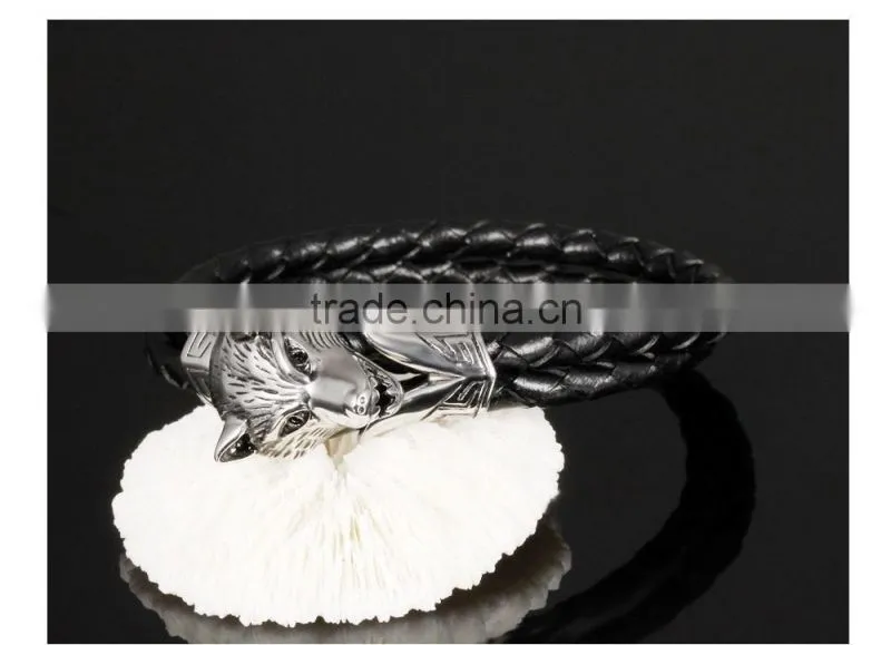 Men Stainless Steel Wolf bracelet , Braided Black Leather Bracelet