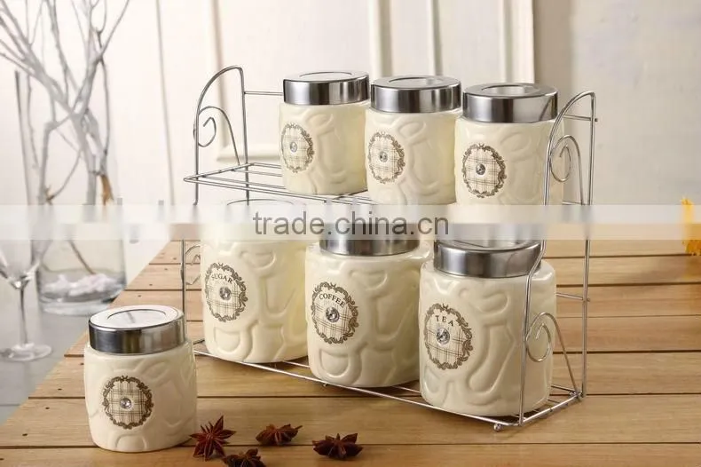 ceramic canister set with stainless metal stand