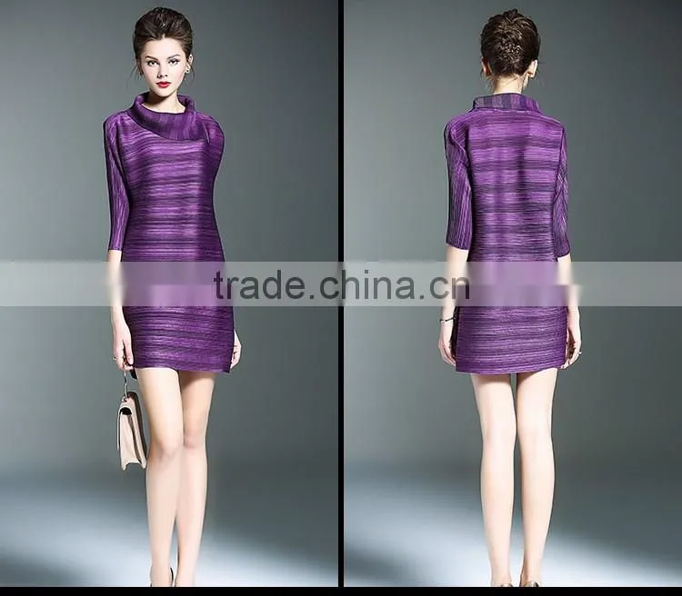 Women striated Polo neck casual pleated dresses