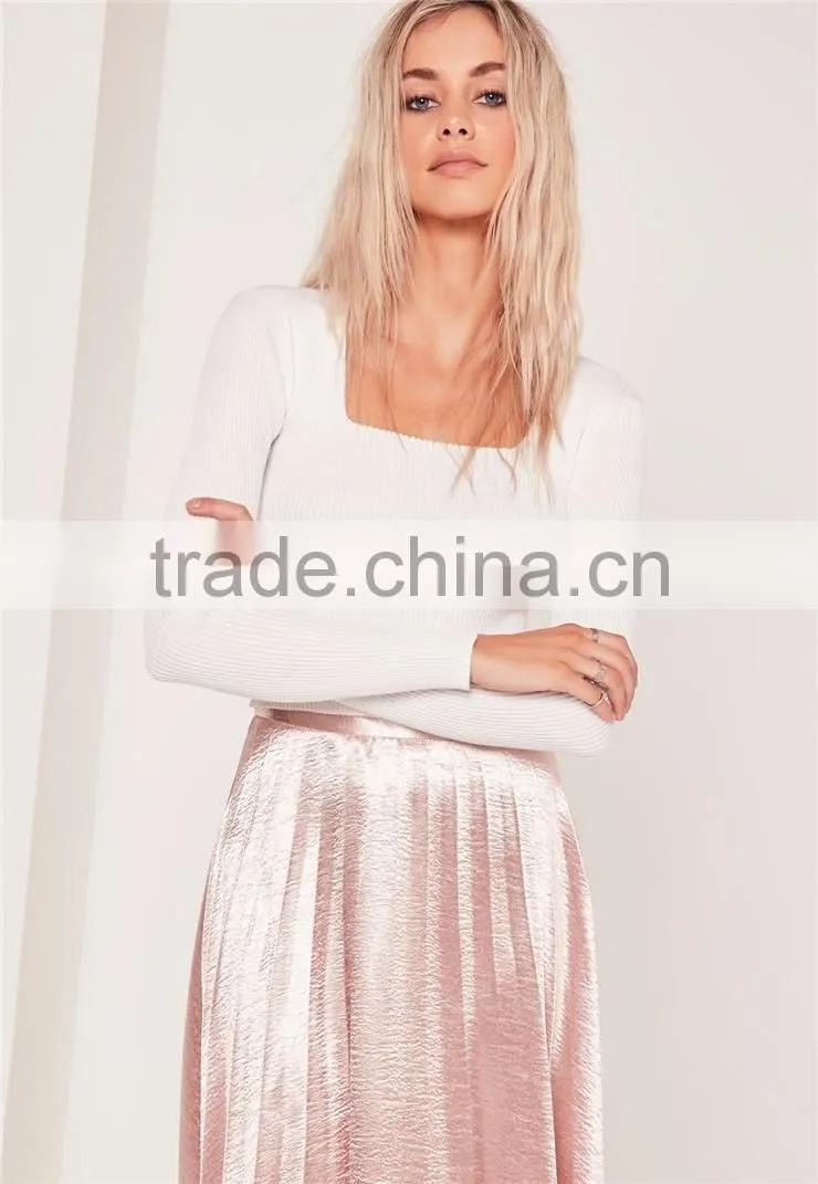 MGOO Plain White Women Silm Fit Knitwear Long Sleeve Sweater Square Neck Ribbed Jumper Private Brand