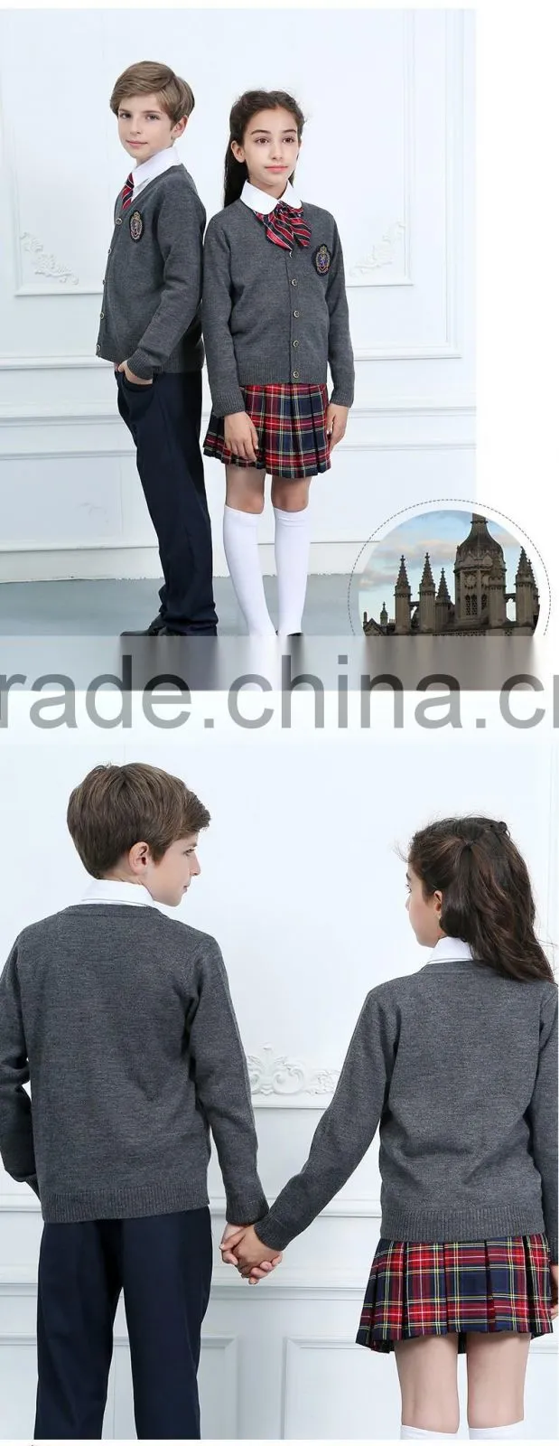 British style cardigan kids sweater 100% cotton primary school uniform designs