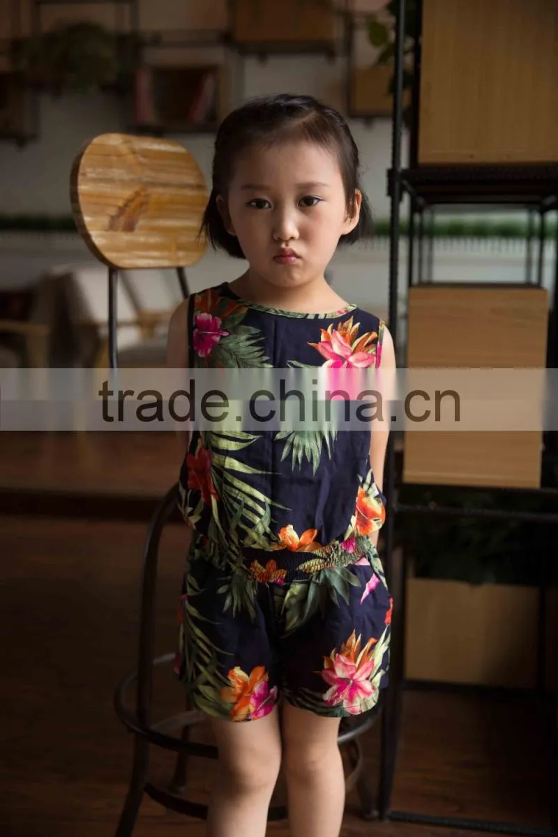 fashion off shouder 100% viscose set summer sleeveless cloth set girl shirt and printed flower soft handfeel cloth