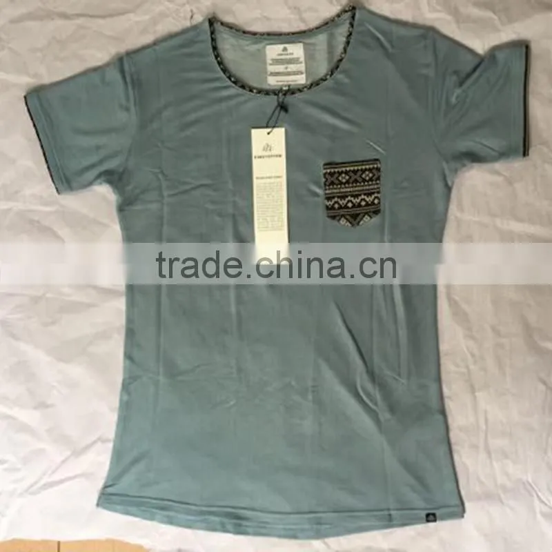 New Blue Men's Chest Patterned Pokcet Double Hem T-Shirts