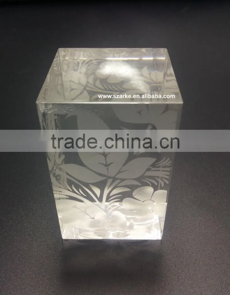 custom clear acrylic paperweight with printed frosted white picture pattern,tall square crystal glass block desktop decoration