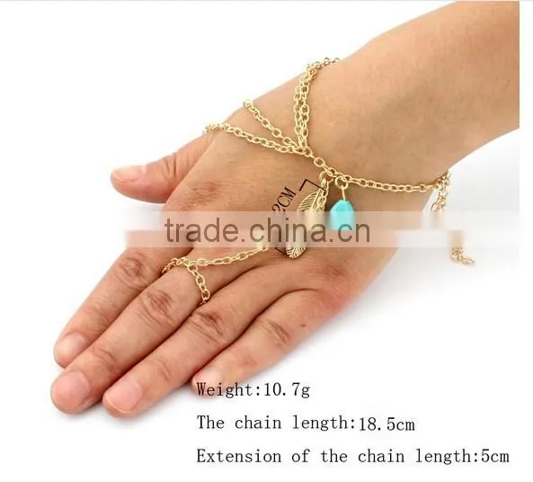 Bohemian Turquoise Bead Leaf Metal Finger Ring Multi Chain Hand Slave Bracelet