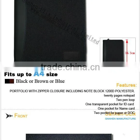 PORTFOLIO WITH ZIPPER CLOSURE INCLUDING NOTE BLOCK 1200D POLYESTER.