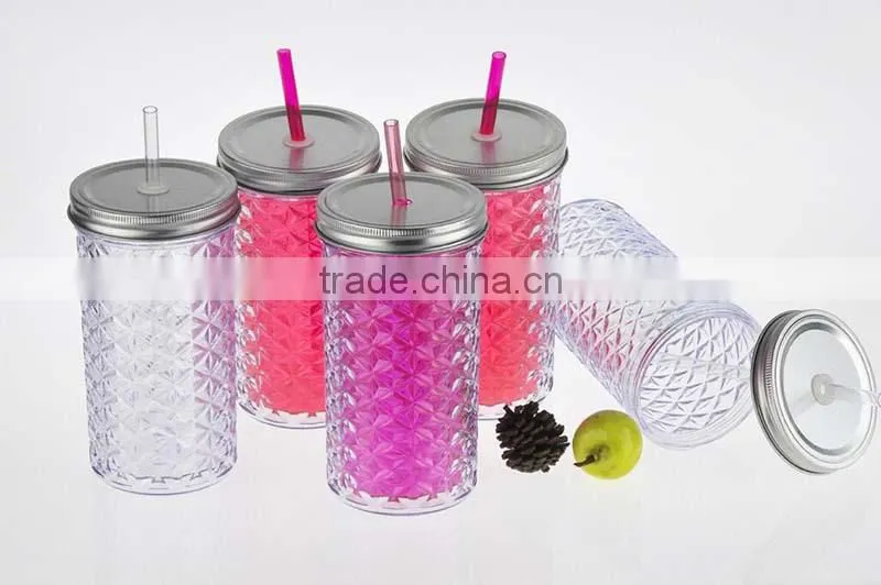 450ml doubel wall-plastic mug with straw and tinplate cap