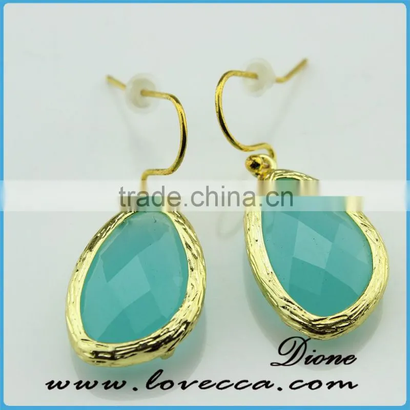 Gold framed blue teardrop earrings/ framed glass stone earrings