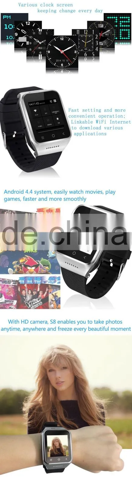 S8 3G Smart Watch 1.54"Android 4.4 MTK6572 Dual Core Smart Electronic watch WCDMA GSM With Email GPS WIFI