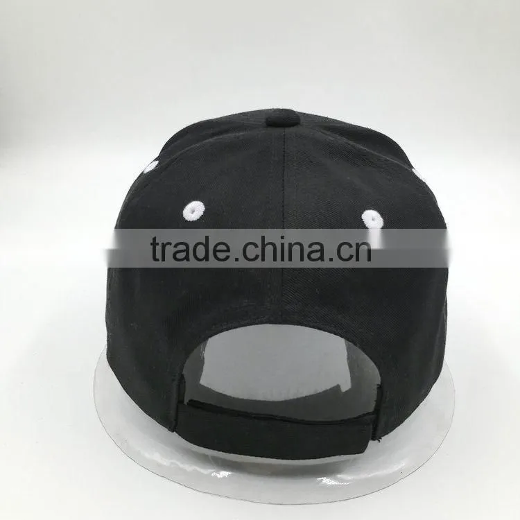 Custom design 6 panel embroidered black cotton baseball cap