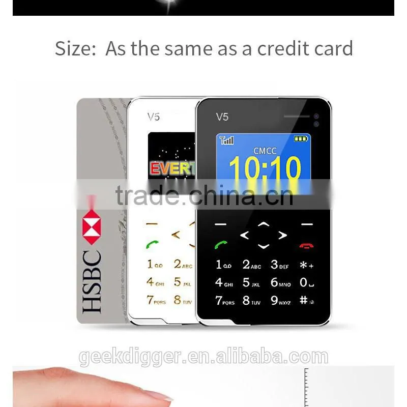 Ultra Thin AIEK V5 Black Card Mobile Phone Pocket Mini Phone Touch Keyboard Quad-Band Multi-languages