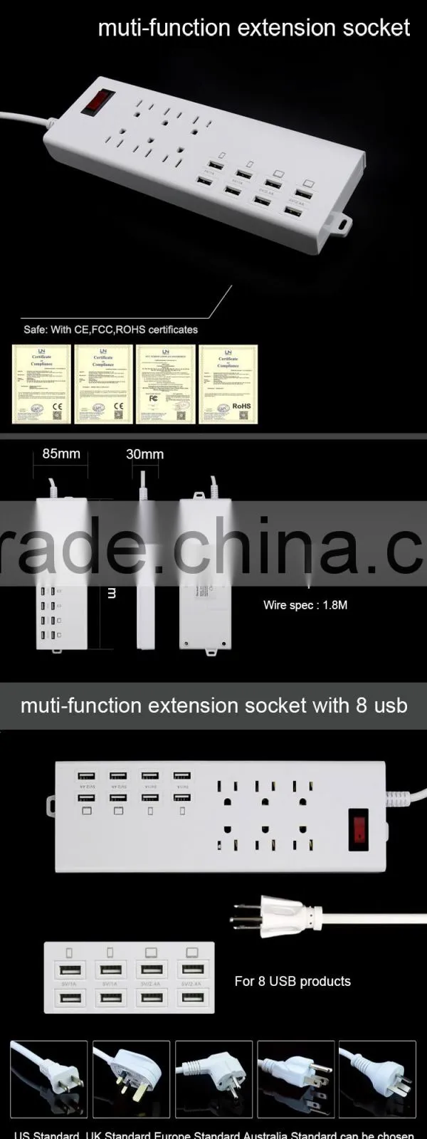 Desktop Multiple USB Charging Station Surge Protected Outlets Power Strip