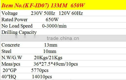PRODUCE GOOD QUALITY AND BEST PRICE POWER TOOLS13MM 650W IMPACT DRILL FOR HAMMER DRILL MACHINE IMADE IN CHINA