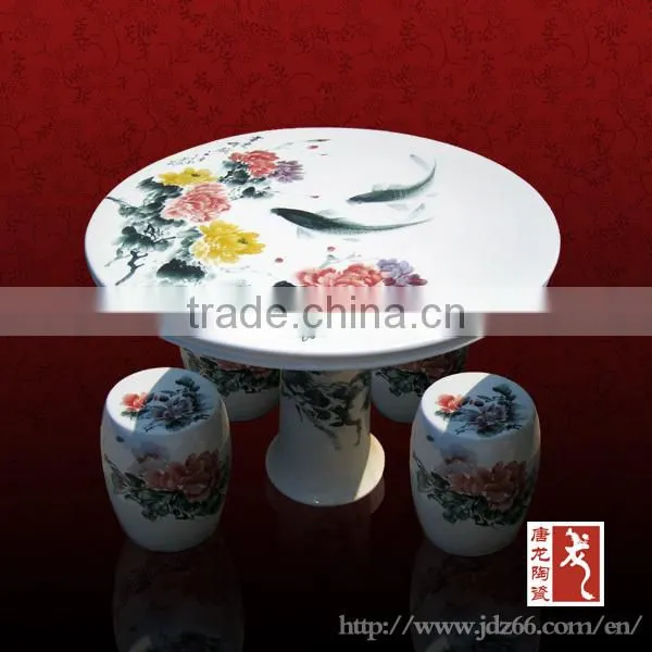 Blue and white pocelain outdoor garden table and stool