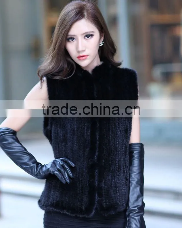 YR691 knitted real mink fur black /brown short sleeve vest