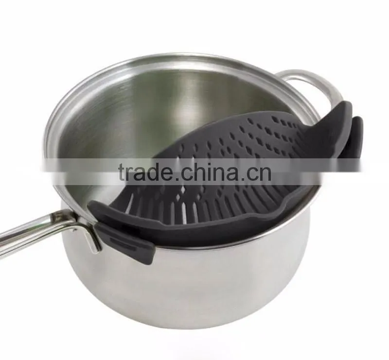 Clip-on Silicone Strainer for Draining Food while Cooking Snap Pan Strainer