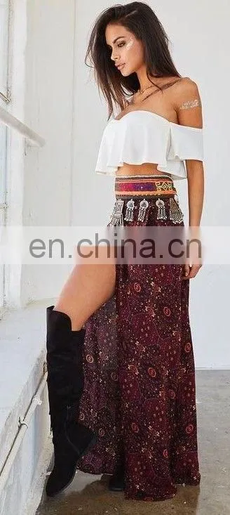 CH332 Cheap Price Sexy Side Slit Hippie Gypsy Boho Long Skirt