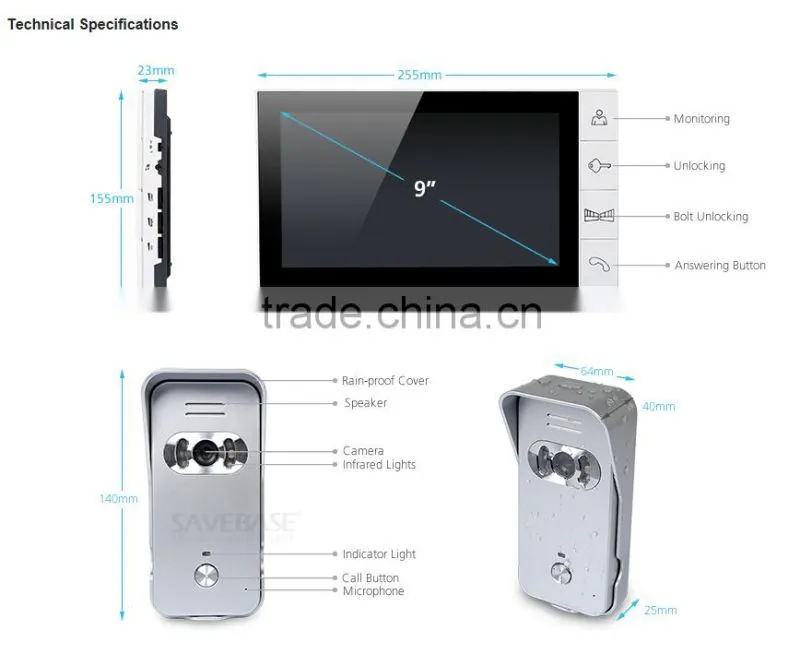 9" Video Door Phone Intercom Doorbell Security 1 Camera 2 Monitors Night Vision