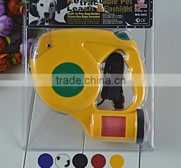 New 2016 Pet traction comes empty garbage bags triple automatic retractable dog leash With LED Light pet traction 4 colored 4.5m
