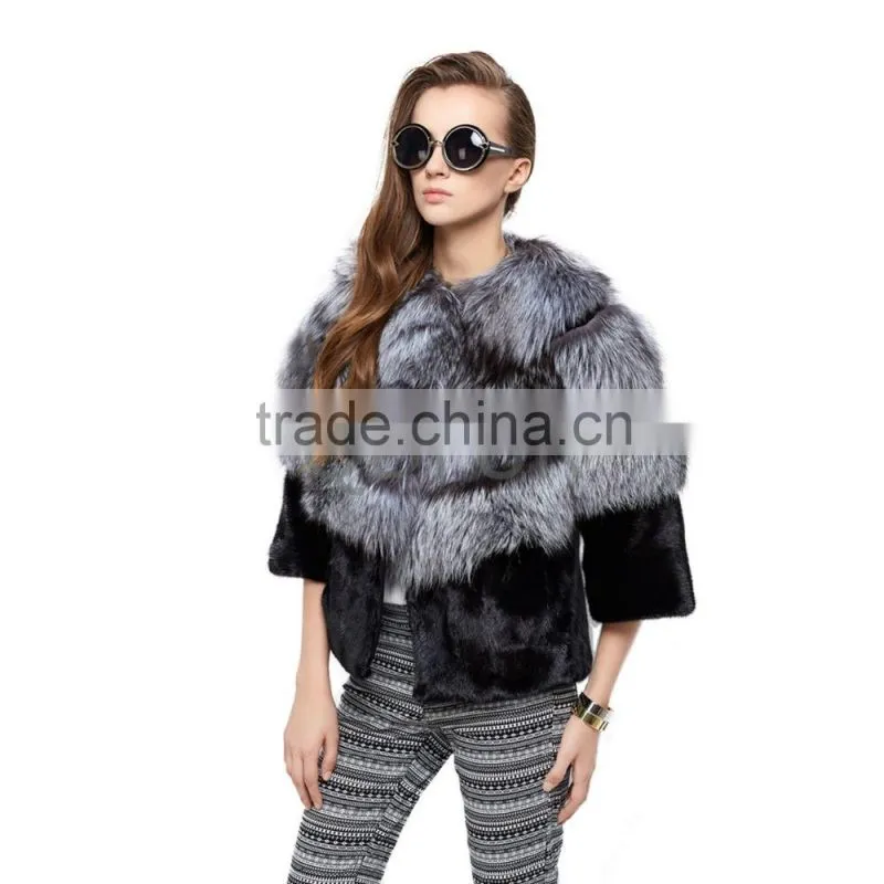QD30970 Women Winter Real Silver Fox Fur Match Mink Fur Jacket Cross Grain Silver Fox Fur Jacket