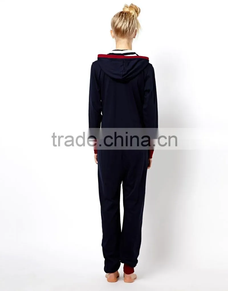 Ladies Petite embroidered with contrast color cuff Onesie Pajamas with Hood