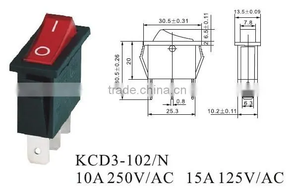 CNGAD KCD3 series 3pin on-off Electrical Rocker Switch (10A mini rocker switch,250V boat switch)(KCD3-102/N)