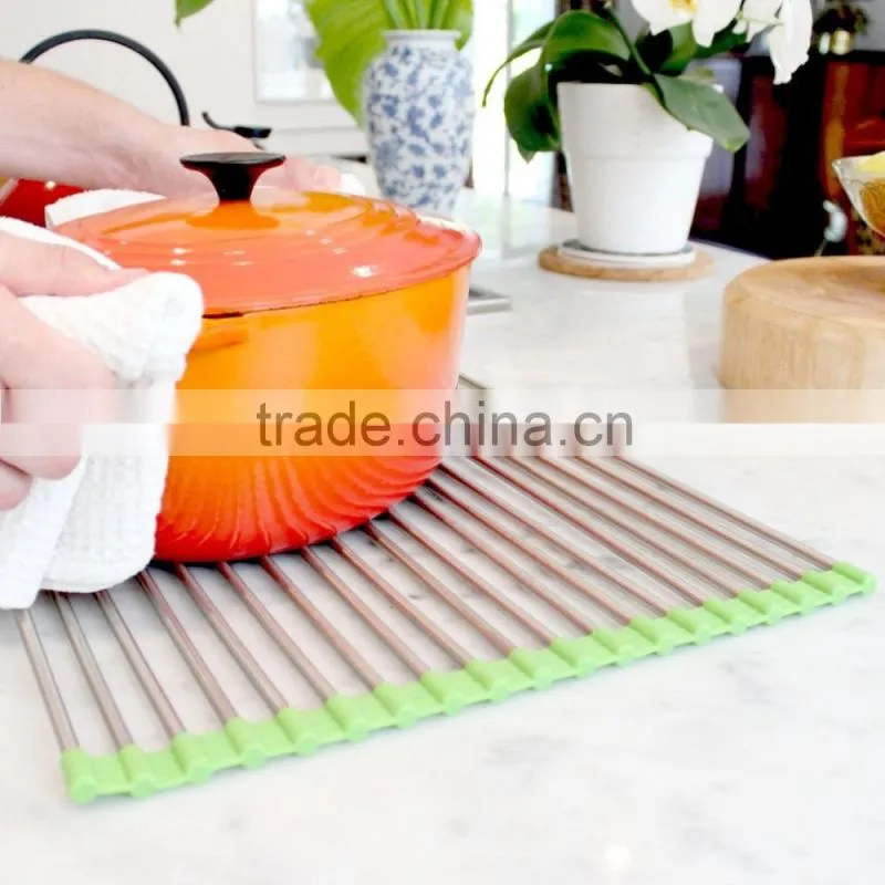 High Quality Over the Sink Multipurpose Roll Up Stainless steel silicone Dish Drying Rack