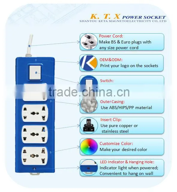 8 Sockets Universal Electrical Blue Power Strip With Shutter