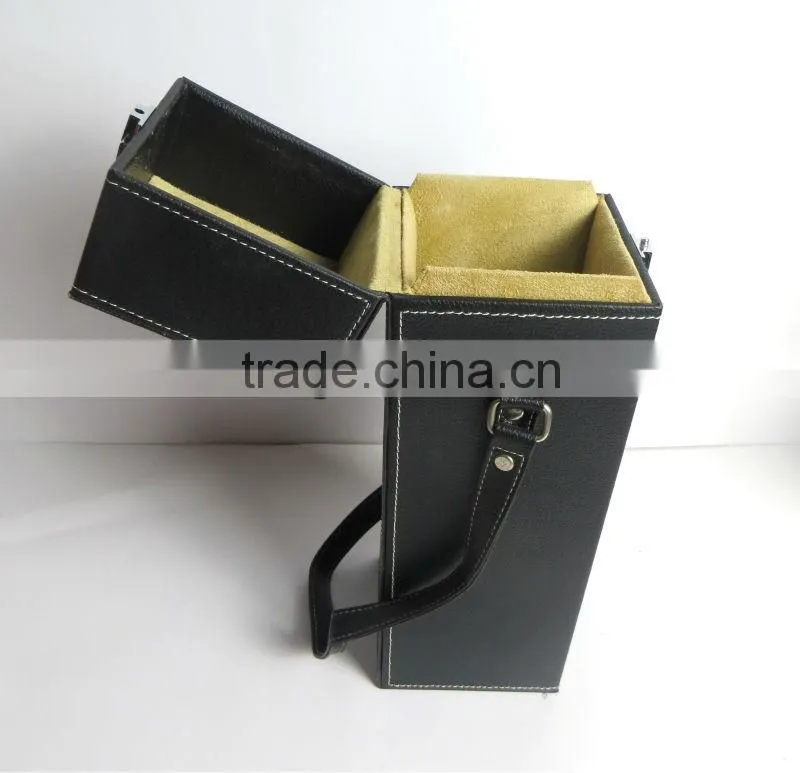 Customized wooden PU leather black wine box with handle packaging wholesale
