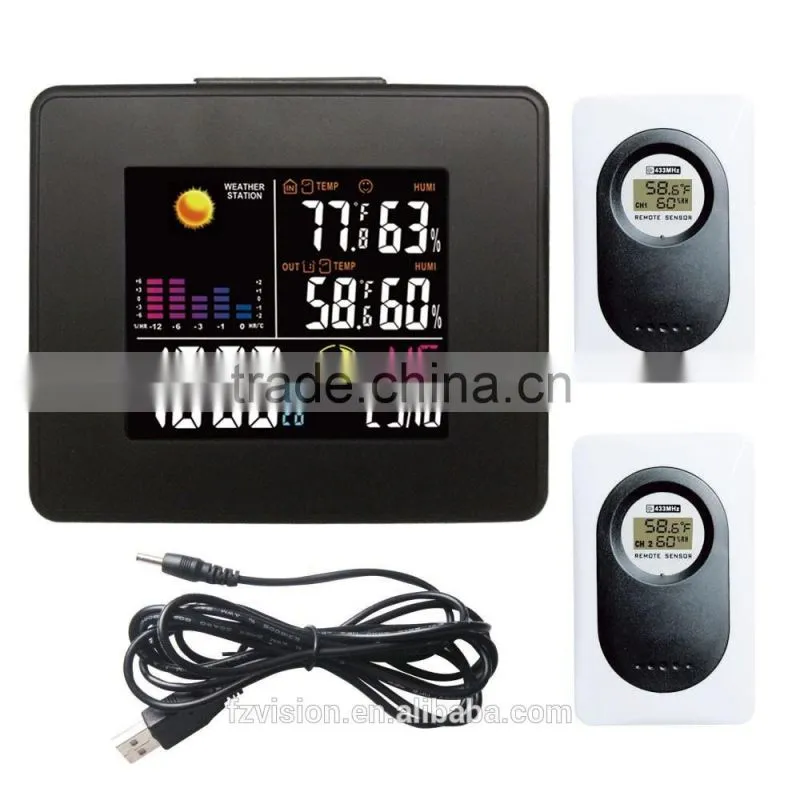 Durable RF Wireless LED Weather Station Clock Black with Backlight In/Outdoor Temperature Humidity with 3 transmitters