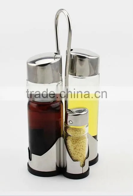 Green powder spraying condiment set,stainless steel condiment container&crue-stand,2pcs glass cover spice jar