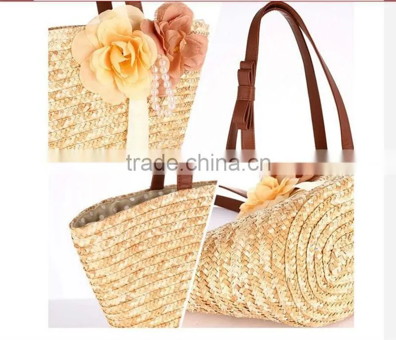 Wholesale decorative lovely woven straw bag corn husk bag with leather handles