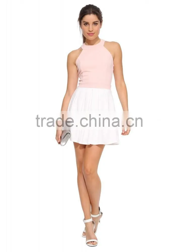 Ladies sweet style back bow round halter neck cross back elegant fit and flare short dress