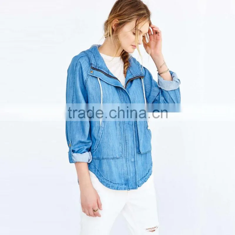 zip up women denim jacket oversized with hoodies and curved hem