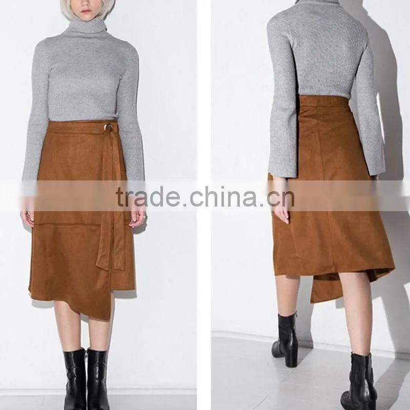 Wholesale latest lady tie waist midi pencil skirt asymmetric wrap front skirt