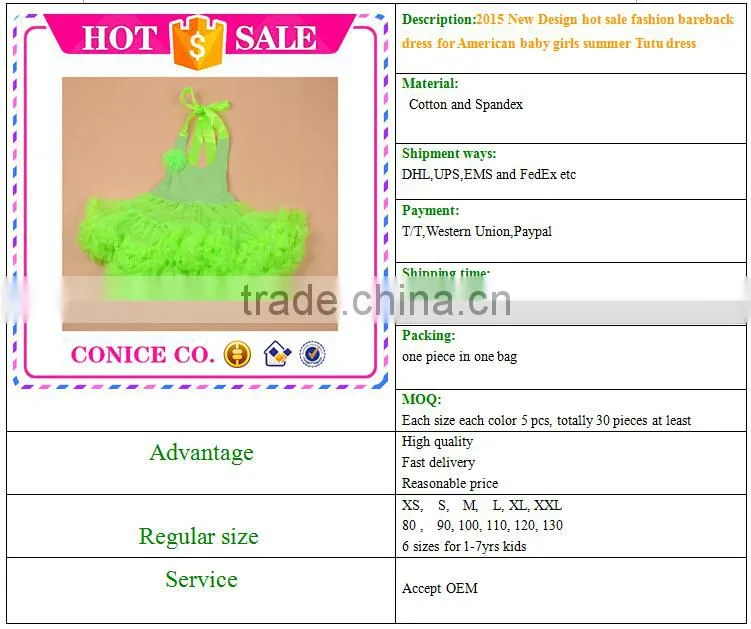 2015 New Design hot sale fashion bareback dress for American baby girls summer Tutu dress